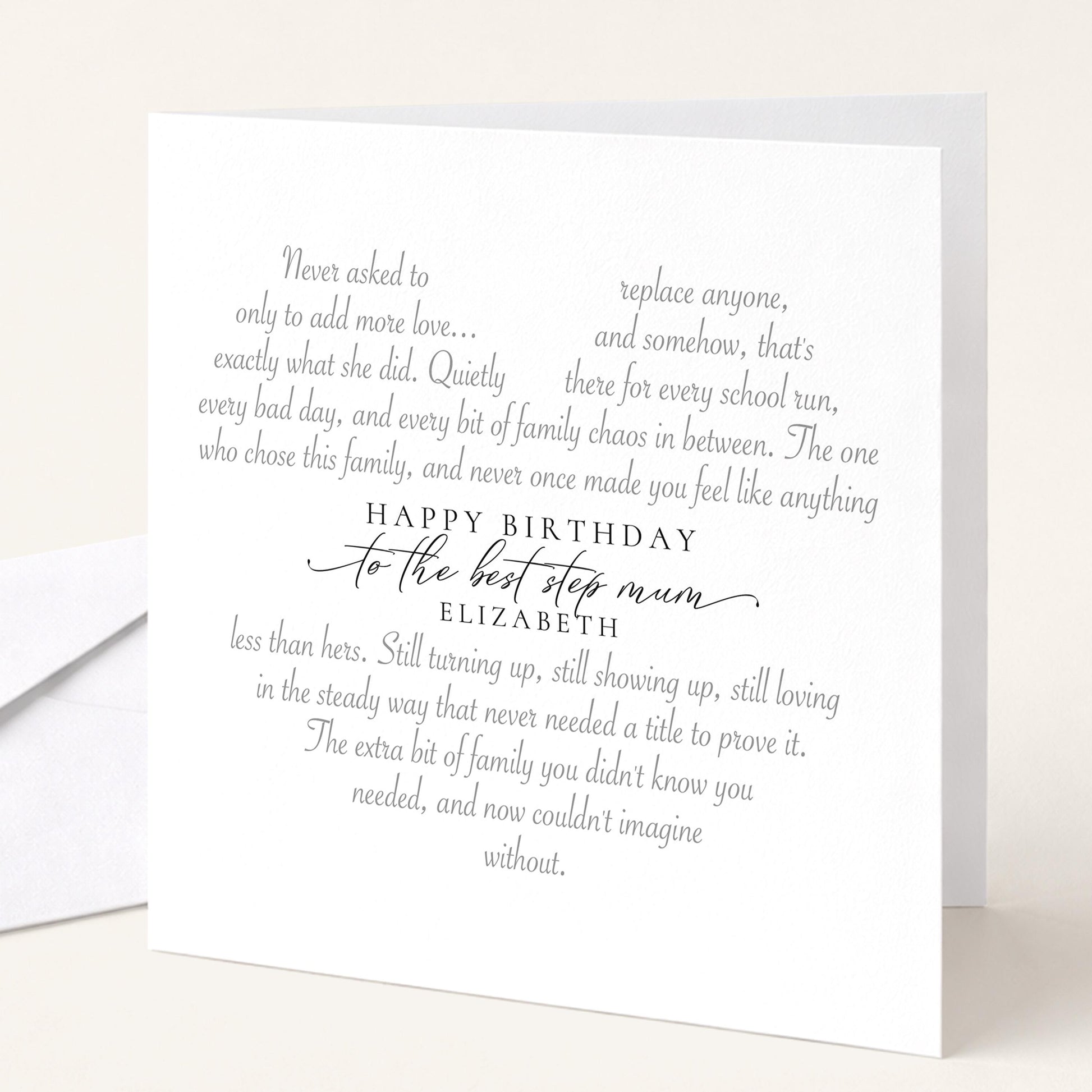 Personalised Step Mum Birthday Card Heart Shaped Poem Verse Sentimental Card Elegant Script 300gsm UK Made
