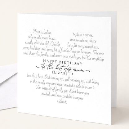 Personalised Step Mum Birthday Card Heart Shaped Poem Verse Sentimental Card Elegant Script 300gsm UK Made