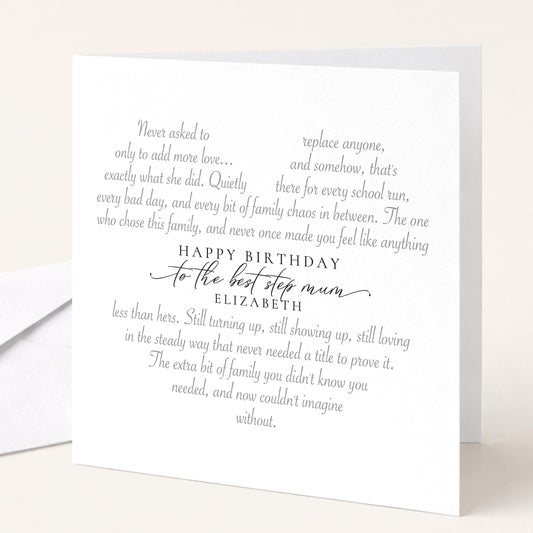 Personalised Step Mum Birthday Card Heart Shaped Poem Verse Sentimental Card Elegant Script 300gsm UK Made