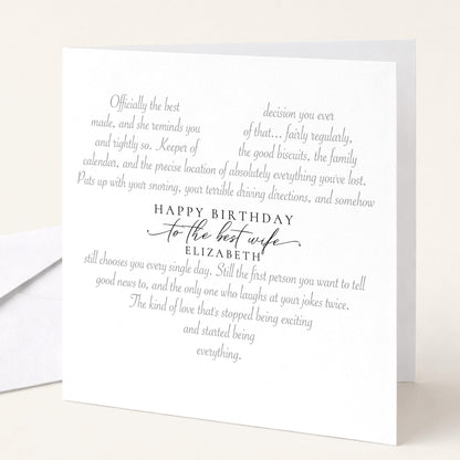 Personalised Wife Birthday Card Heart Shaped Poem Verse Funny Witty Card for Wife Elegant Script 300gsm UK Made
