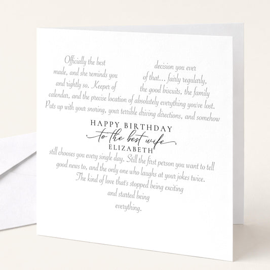 Personalised Wife Birthday Card Heart Shaped Poem Verse Funny Witty Card for Wife Elegant Script 300gsm UK Made