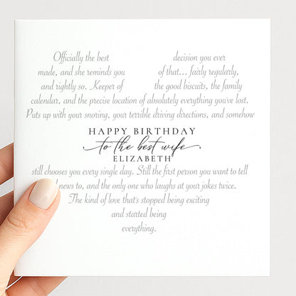 Personalised Wife Birthday Card Heart Shaped Poem Verse Funny Witty Card for Wife Elegant Script 300gsm UK Made