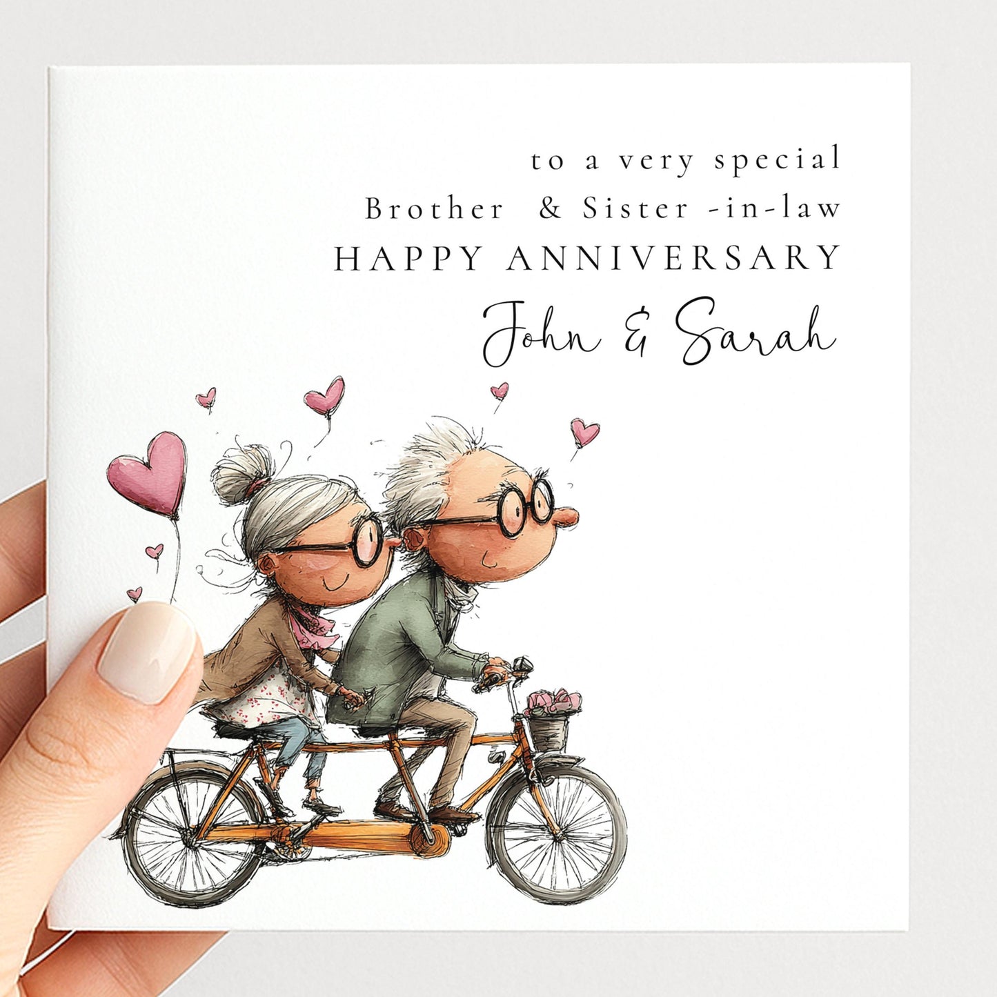 An elegant script anniversary card for brother & sister-in-law, personalised with names, printed on 300gsm card