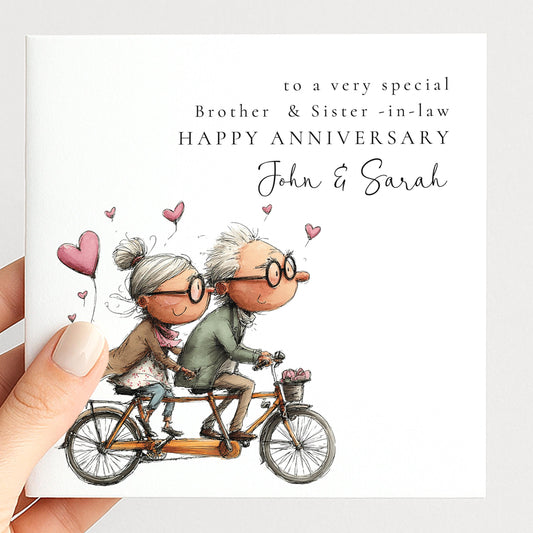 An elegant script anniversary card for brother & sister-in-law, personalised with names, printed on 300gsm card