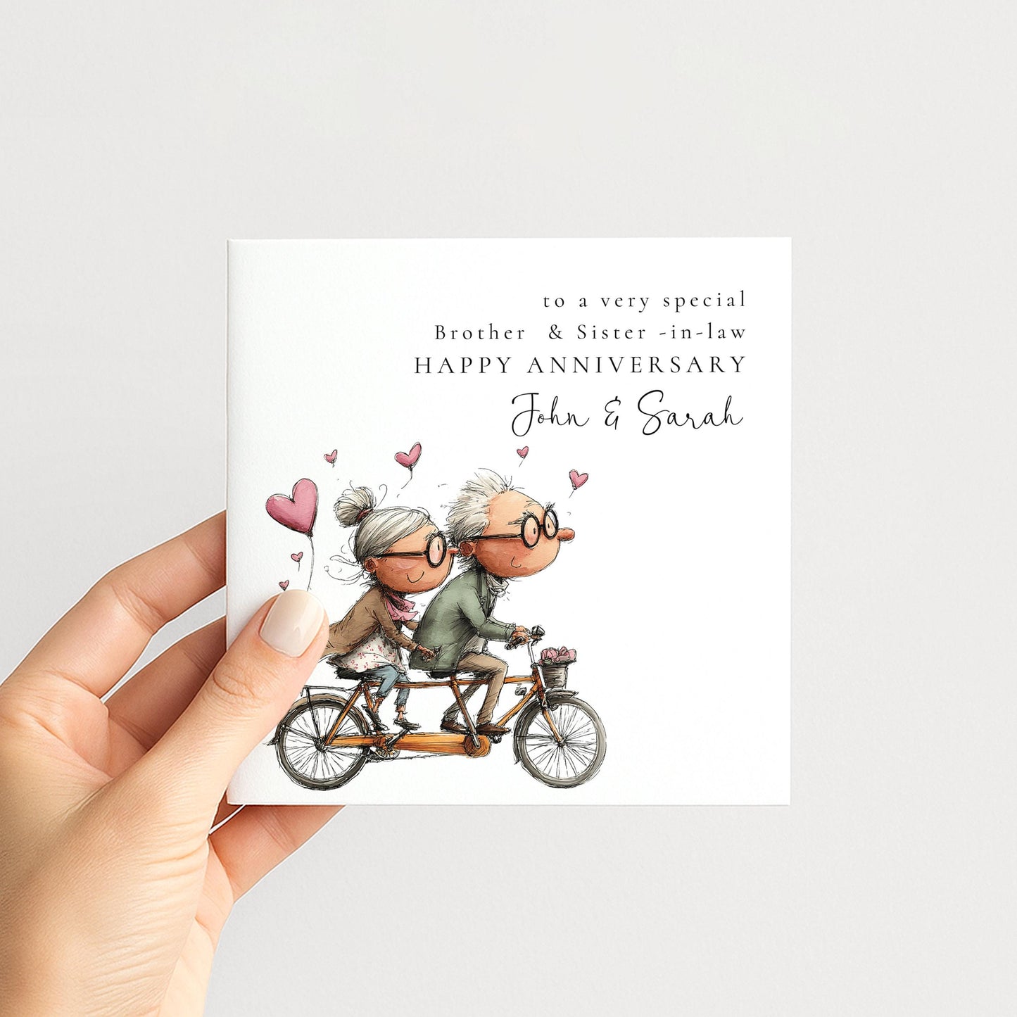 An elegant script anniversary card for brother & sister-in-law, personalised with names, printed on 300gsm card