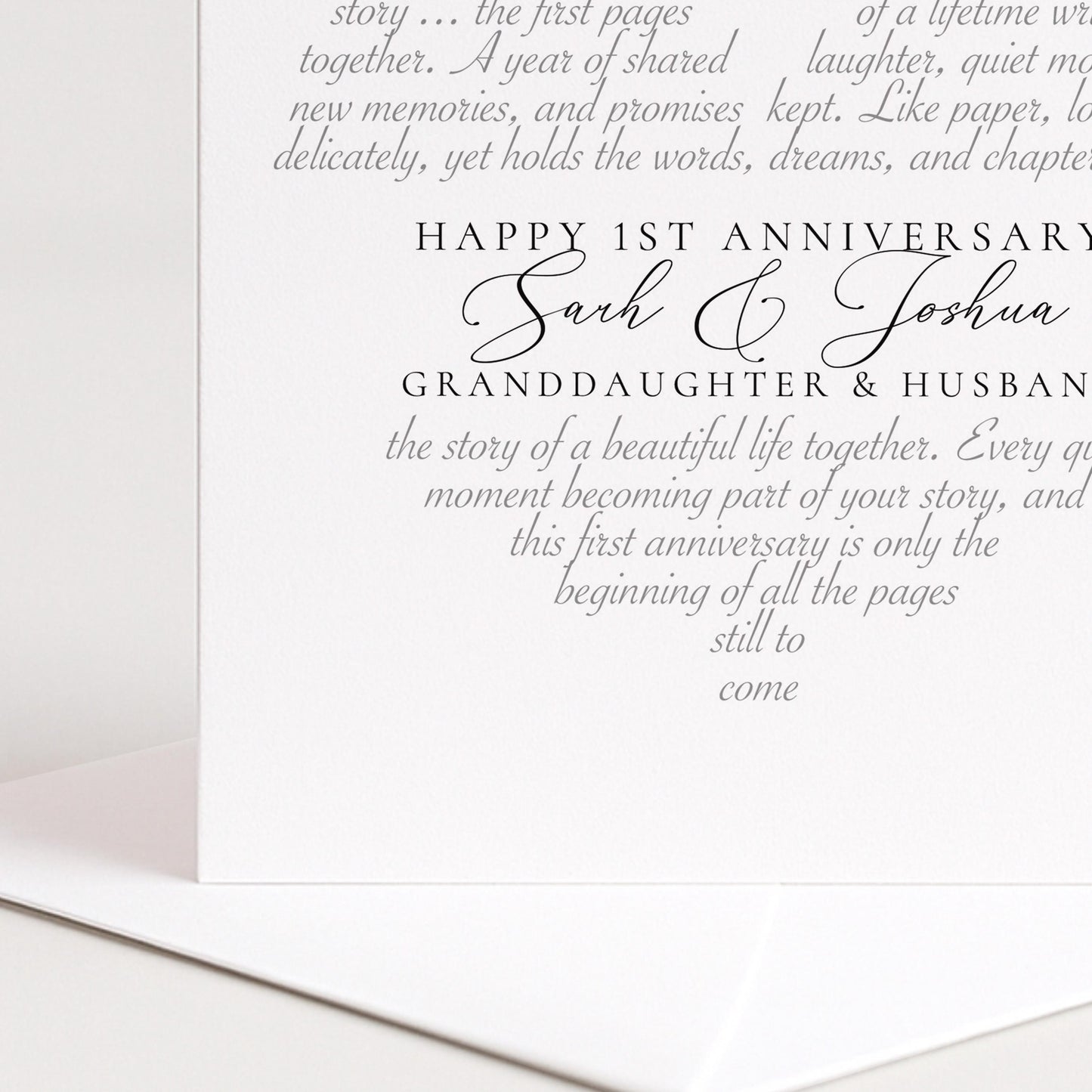 A modern 1st anniversary card for granddaughter & husband, personalised with names, printed on 300gsm card