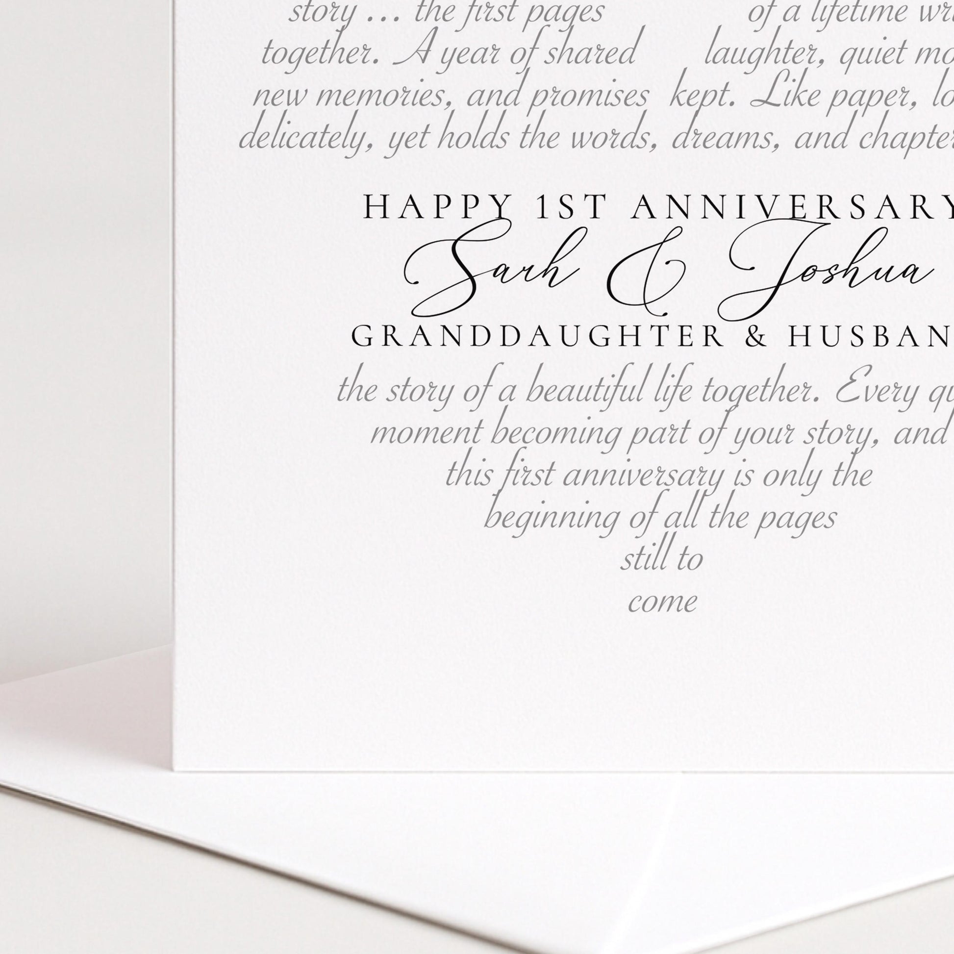 A modern 1st anniversary card for granddaughter & husband, personalised with names, printed on 300gsm card