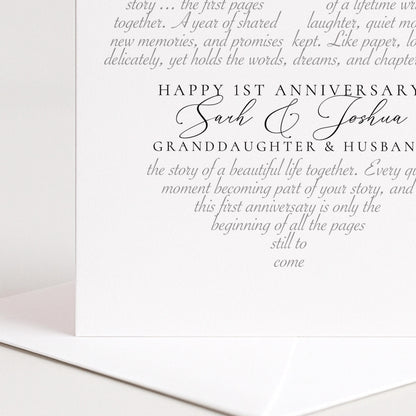 A modern 1st anniversary card for granddaughter & husband, personalised with names, printed on 300gsm card
