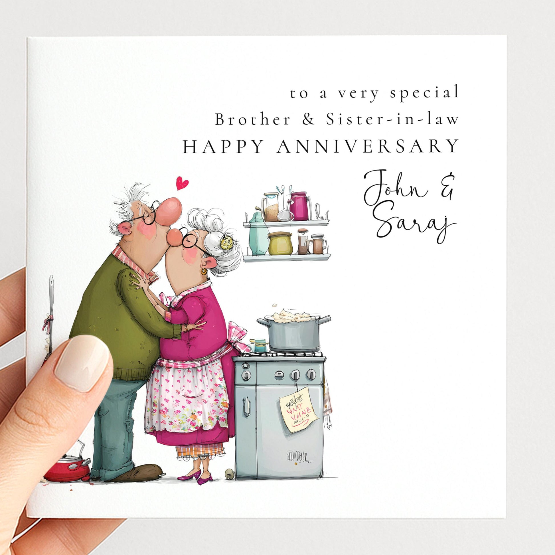 A soft watercolour anniversary card for brother & sister-in-law, personalised with names, printed on 300gsm card