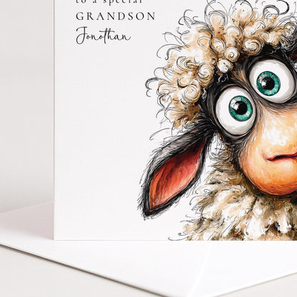 Funny Grandson Birthday Card, Happy Birthday To Ewe Personalised Grandson Card, Sheep Pun Card for Boy, Cute Animal Birthday Card Him