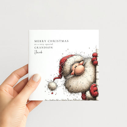 A classic personalised Christmas card for Grandson, personalised with his name, printed on 300gsm card