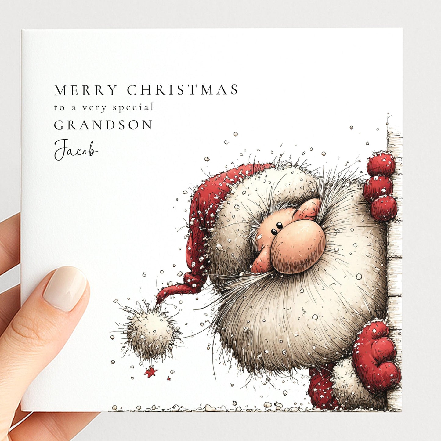 A classic personalised Christmas card for Grandson, personalised with his name, printed on 300gsm card