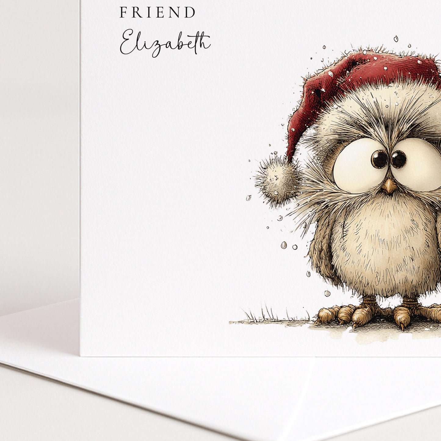 Scruffy Santa hat owl Christmas card for a special friend, personalised with her name, printed on 300gsm card
