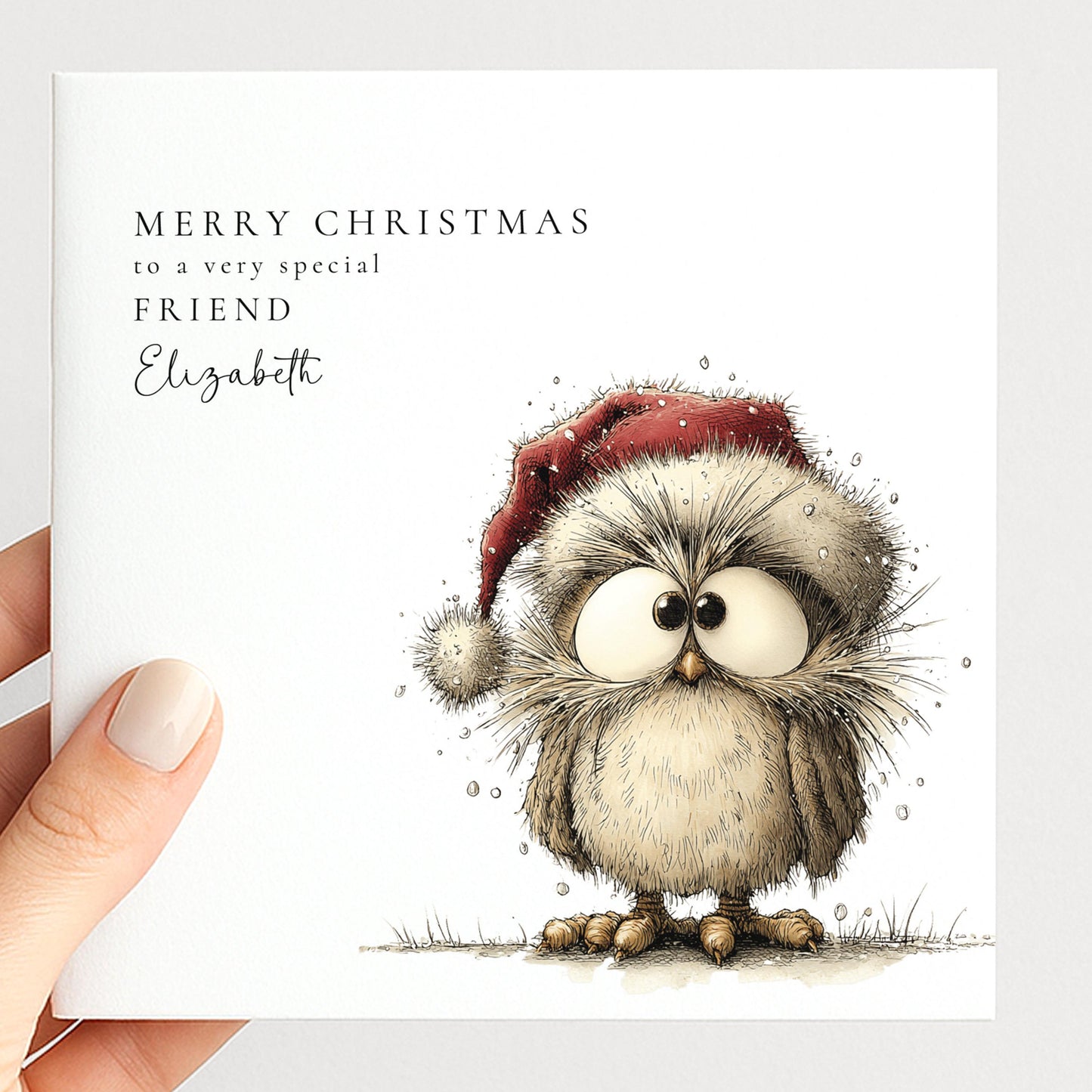 Scruffy Santa hat owl Christmas card for a special friend, personalised with her name, printed on 300gsm card