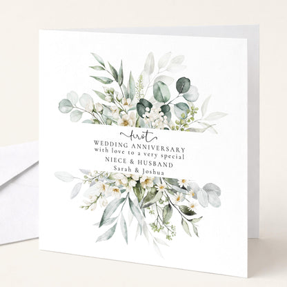1st Anniversary Card for Niece & Husband — Moon & Stars Couple Design
