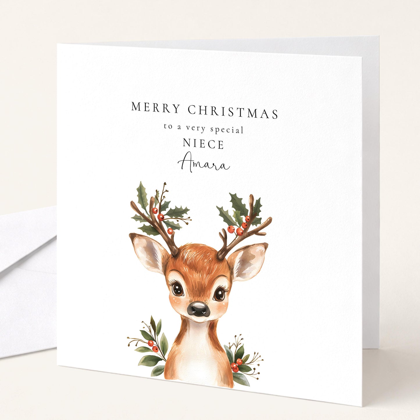 A festive personalised Christmas card for your niece, printed on 300gsm card
