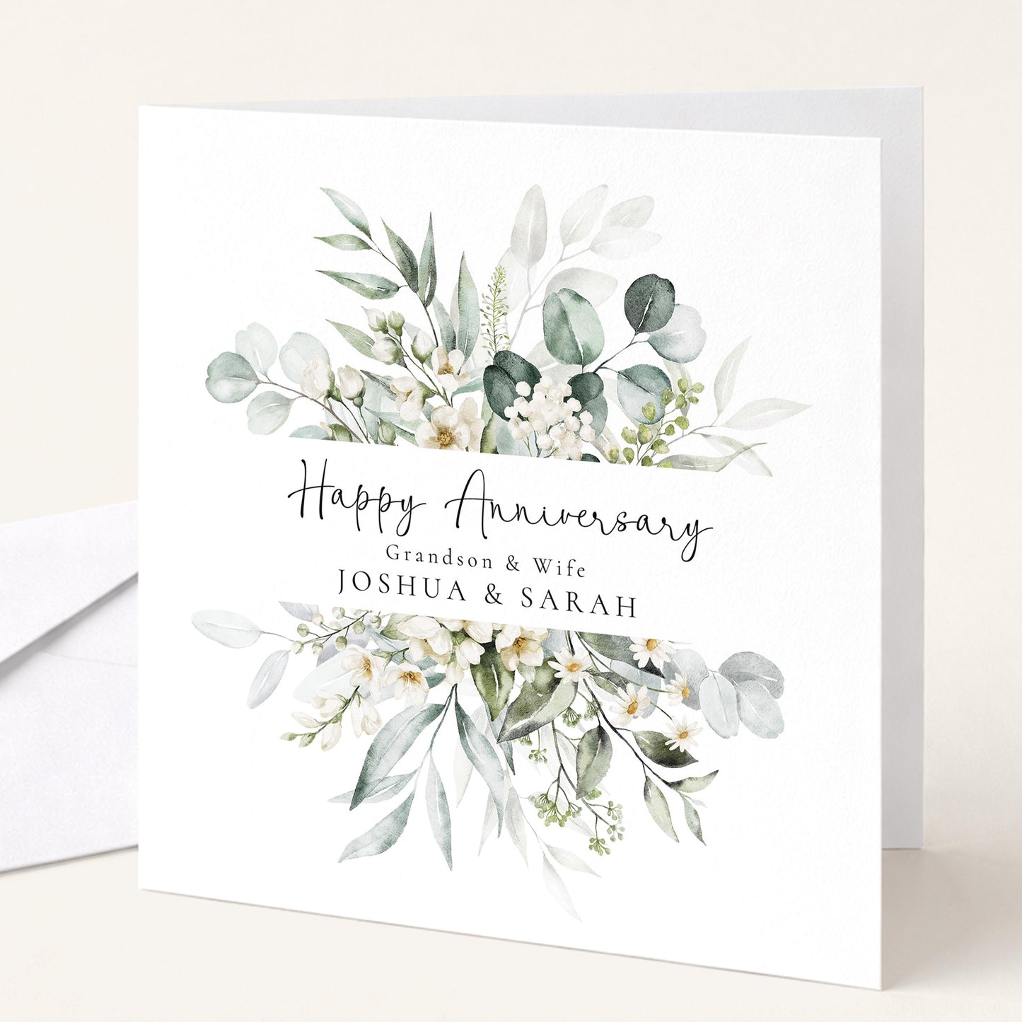 Anniversary Card for Grandson & Wife — Eucalyptus Greenery Design