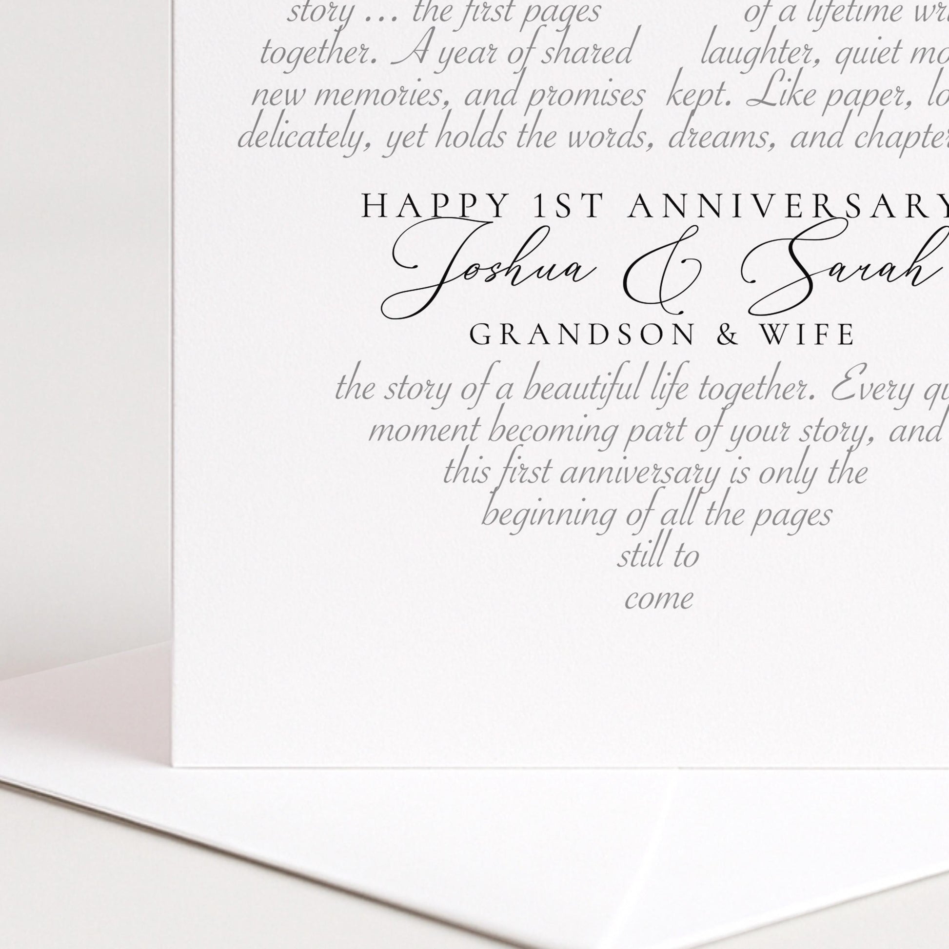 The image is a white card with black text, celebrating the first anniversary of Joshua and Sarah, their grandfather and wife.