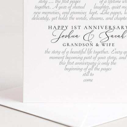 The image is a white card with black text, celebrating the first anniversary of Joshua and Sarah, their grandfather and wife.