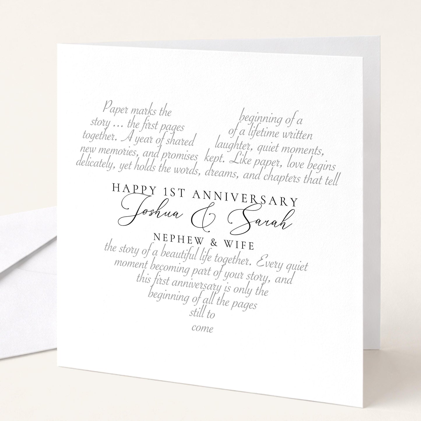 The image is a white card with text that reads "Happy 1st Anniversary Joshua & Sarah" and "Nephew & Wife".