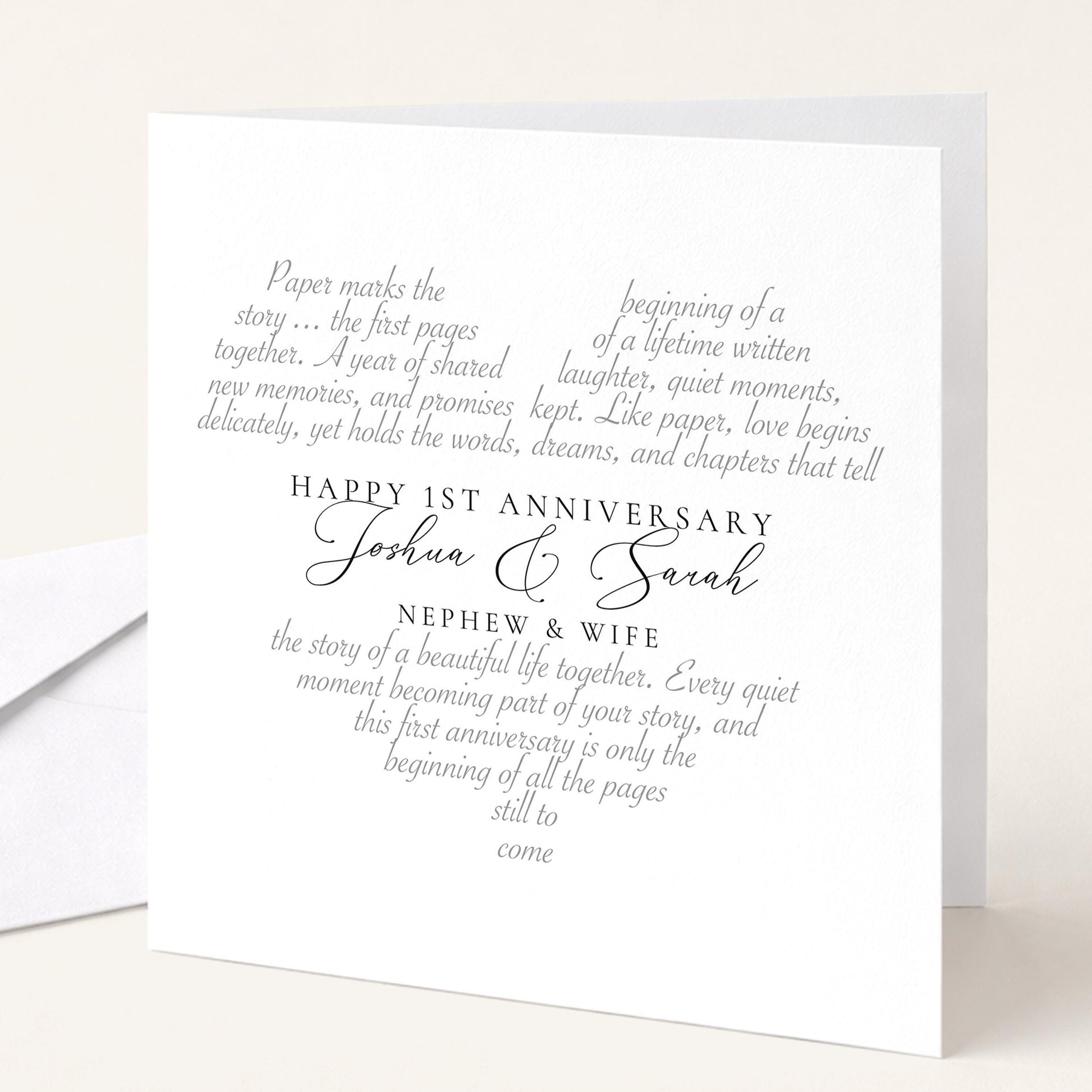 The image is a white card with text that reads "Happy 1st Anniversary Joshua & Sarah" and "Nephew & Wife".