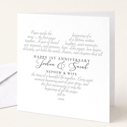 The image is a white card with text that reads "Happy 1st Anniversary Joshua & Sarah" and "Nephew & Wife".
