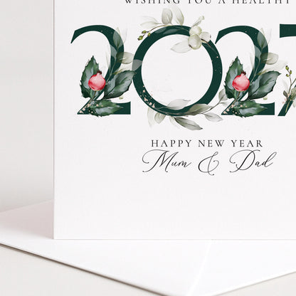 2027 New Year Card for Mum and Dad, Wishing You a Healthy New Year, Elegant Floral Happy New Year Card, New Year Greeting, Botanical Card
