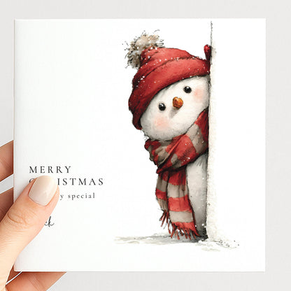 Personalised Christmas Card Son, Peeking Snowman Nephew Xmas Card, Cute Snowman Christmas Card for Boy, Special Son Christmas Card