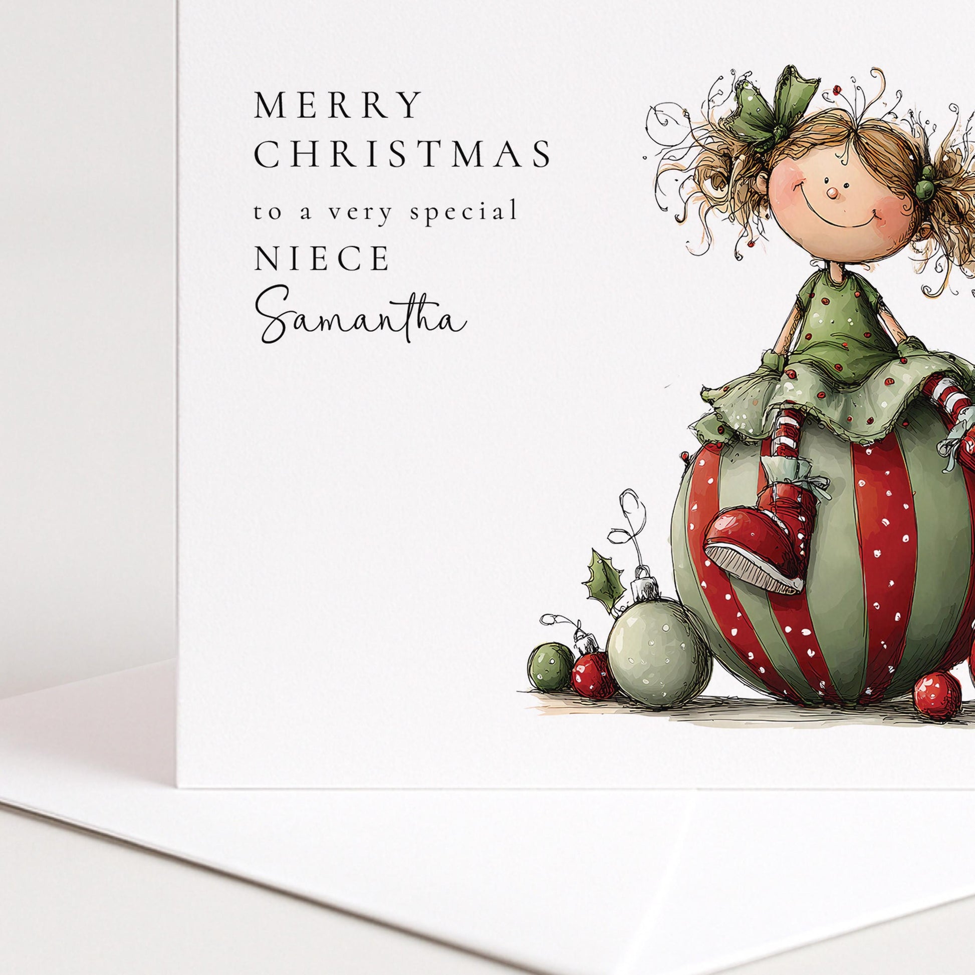 Neice Christmas Card Personalised, Cute Christmas Card for Niece, Festive Girl Illustration, Special Niece Xmas Card UK