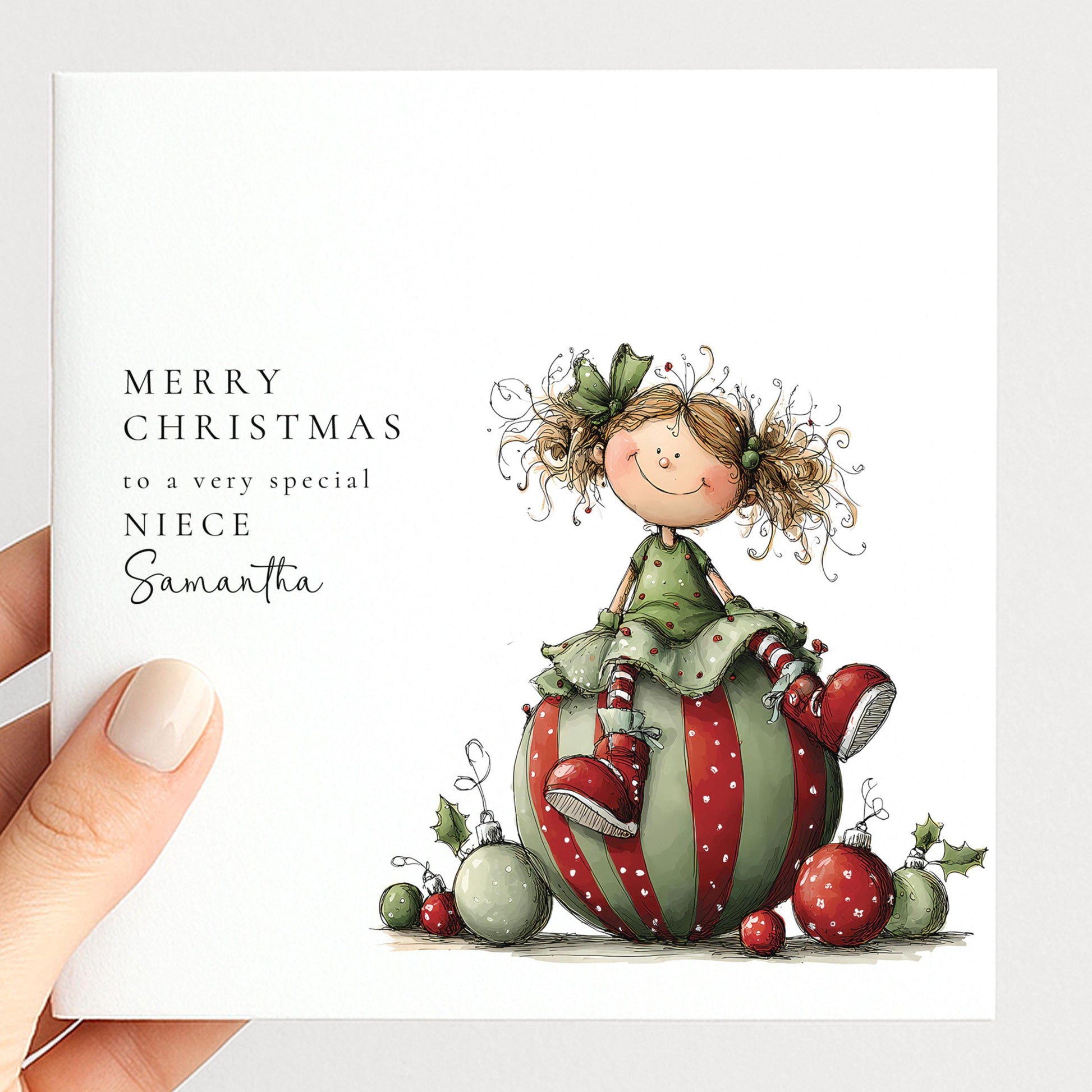 Neice Christmas Card Personalised, Cute Christmas Card for Niece, Festive Girl Illustration, Special Niece Xmas Card UK