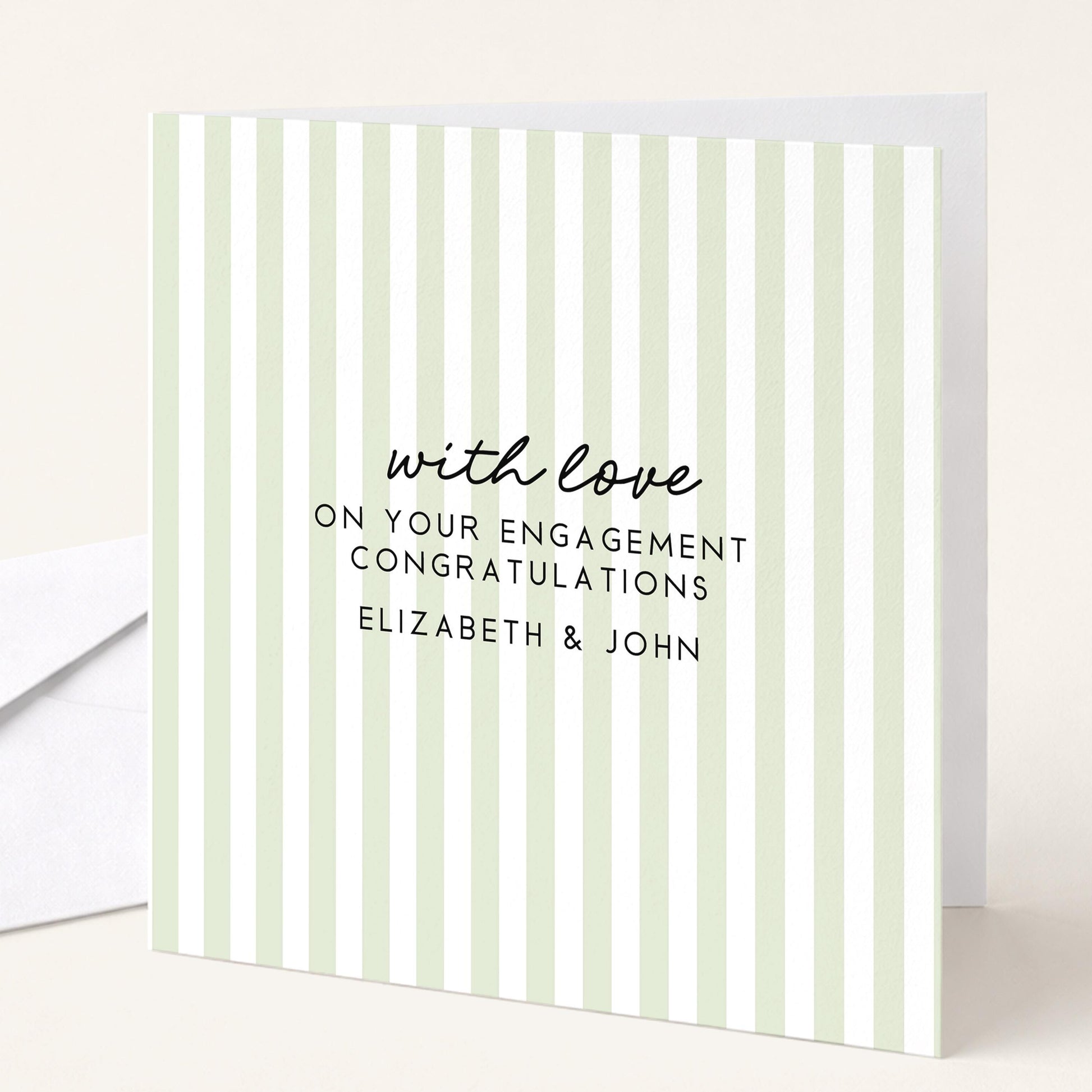 Engagement Congratulations Card, Personalised Engagement Card, Modern Green Striped Card, Minimalist Newly Engaged Card, Custom Names