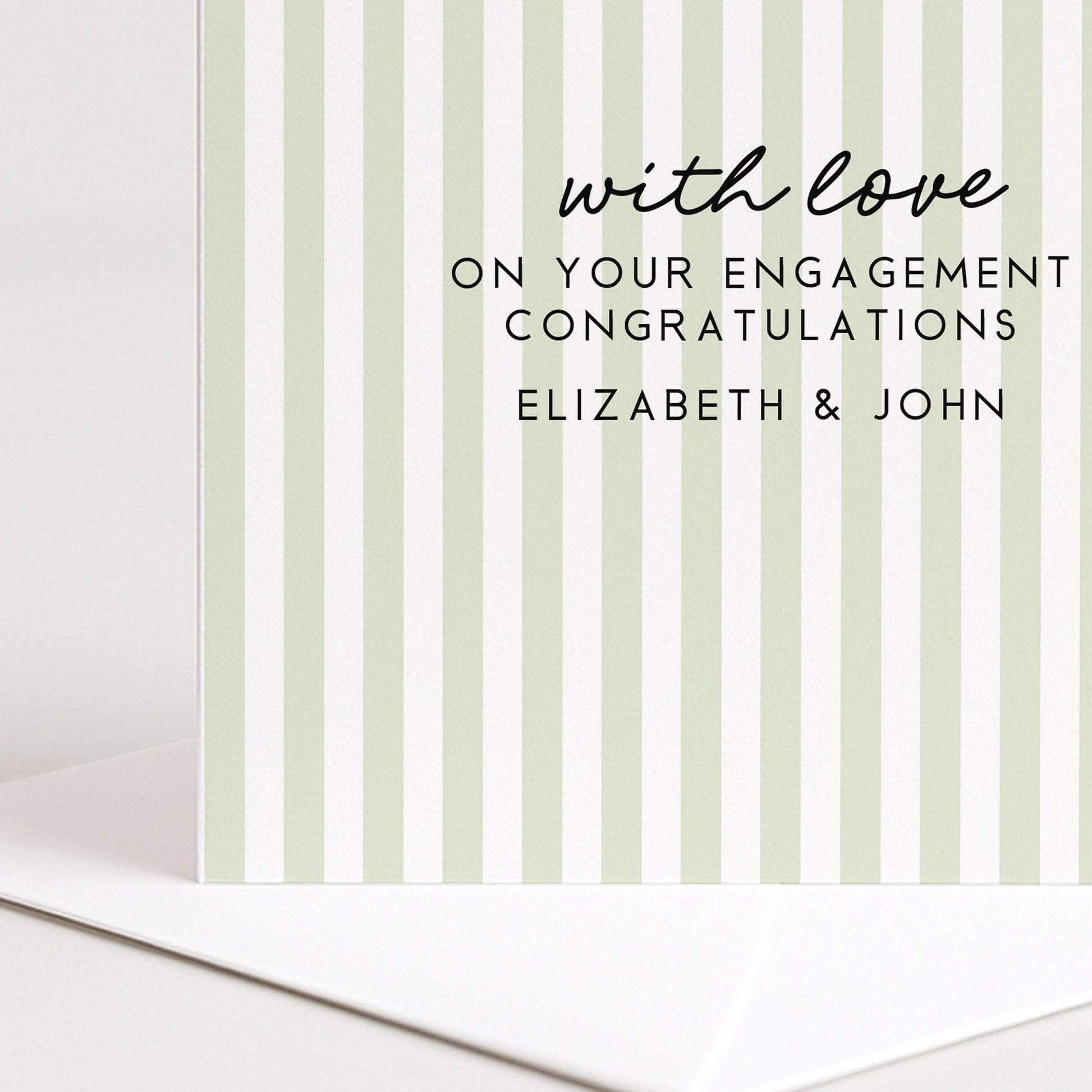 Engagement Congratulations Card, Personalised Engagement Card, Modern Green Striped Card, Minimalist Newly Engaged Card, Custom Names