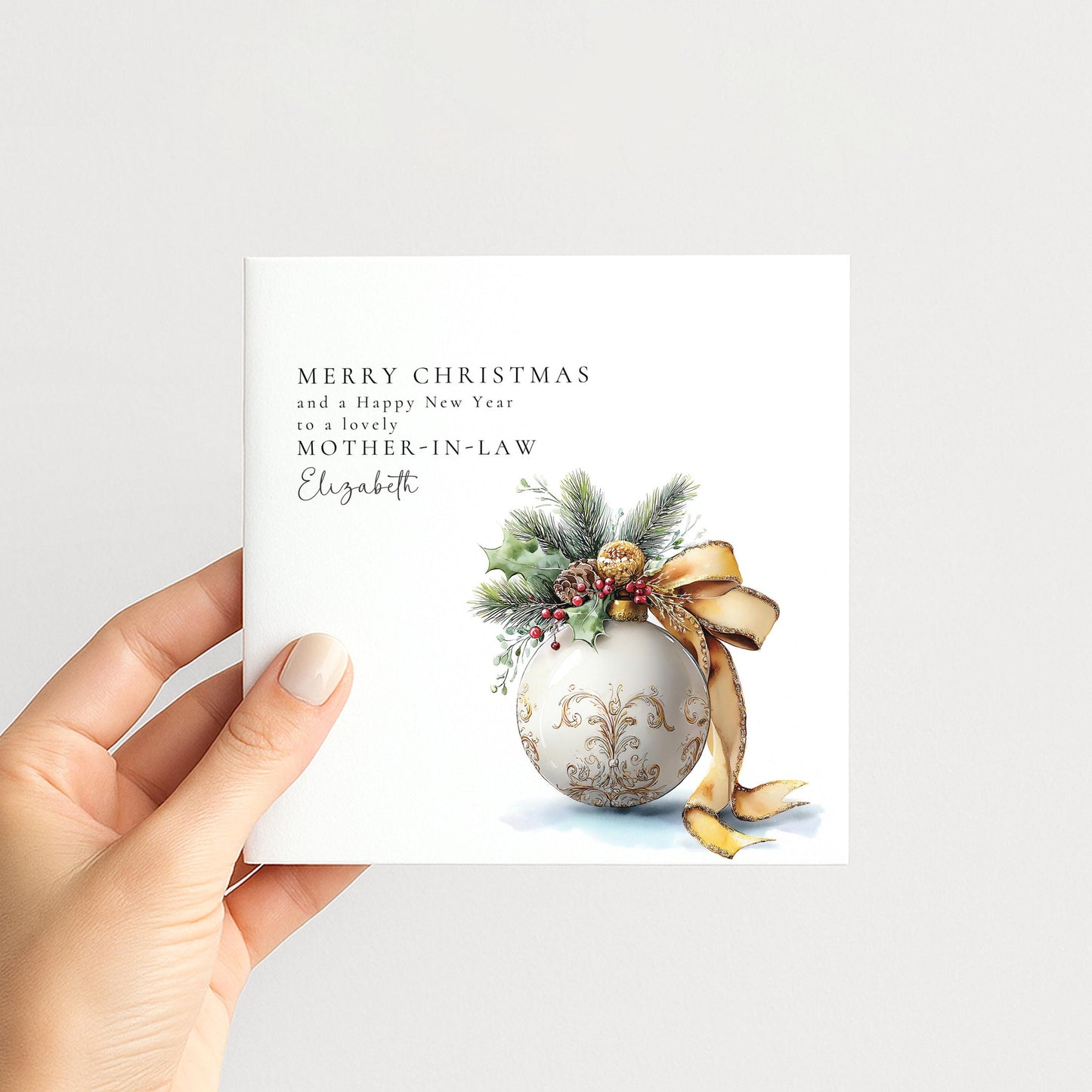 Personalised Christmas Card Mother In Law, Merry Christmas Mother In Law Card, Gold Bauble Botanical Xmas Card, Special Mother In Law Card