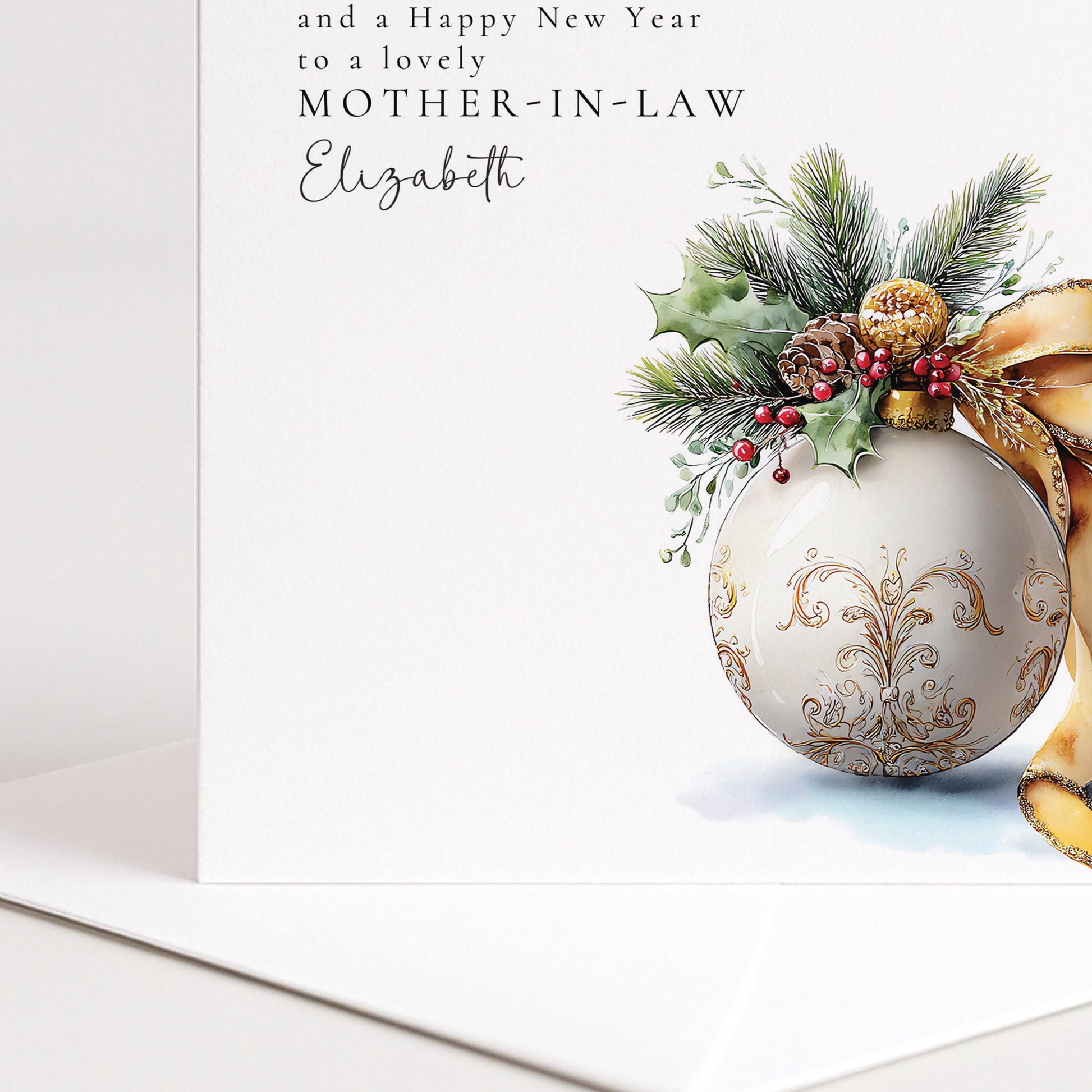 Personalised Christmas Card Mother In Law, Merry Christmas Mother In Law Card, Gold Bauble Botanical Xmas Card, Special Mother In Law Card