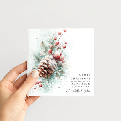 Personalised Christmas Card Daughter and Son In Law, Merry Christmas Daughter Son In Law Card, Pinecone Botanical Xmas Card, Couple Card