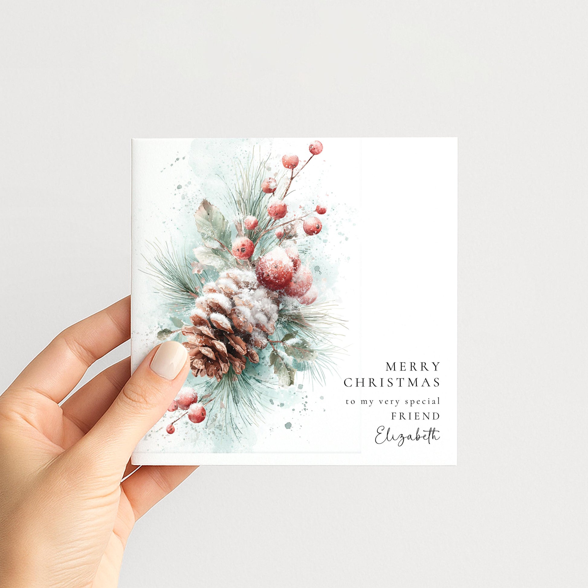 Personalised Christmas Card Friend, Merry Christmas Friend Botanical Card, Pinecone Xmas Card for Her, Elegant Personalised Friend Xmas Card