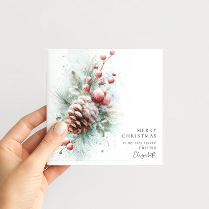 Personalised Christmas Card Friend, Merry Christmas Friend Botanical Card, Pinecone Xmas Card for Her, Elegant Personalised Friend Xmas Card