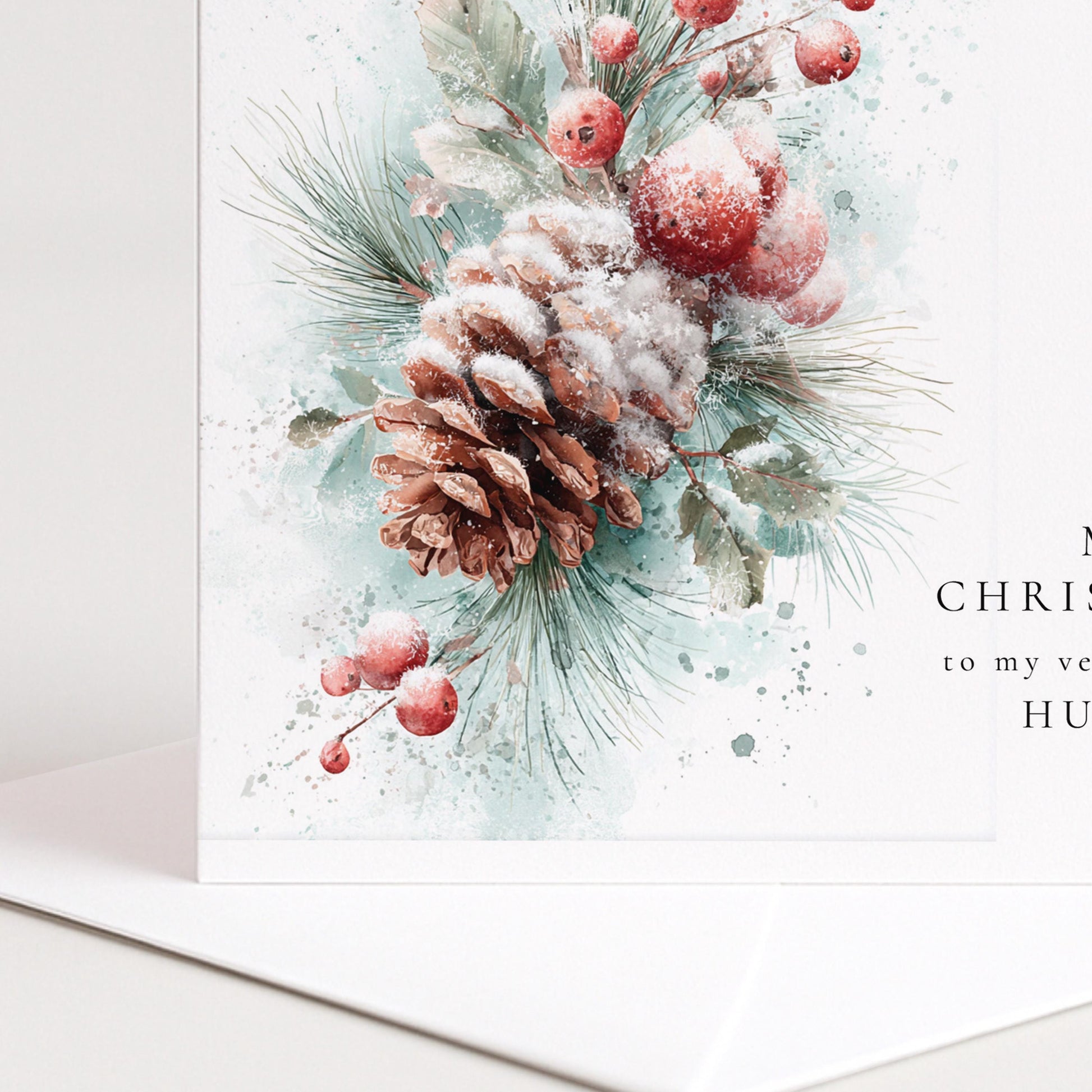 Personalised Christmas Card Husband, Merry Christmas Husband Botanical Card, Pinecone Xmas Card Him, Elegant Personalised Husband Xmas Card