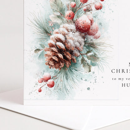 Personalised Christmas Card Husband, Merry Christmas Husband Botanical Card, Pinecone Xmas Card Him, Elegant Personalised Husband Xmas Card