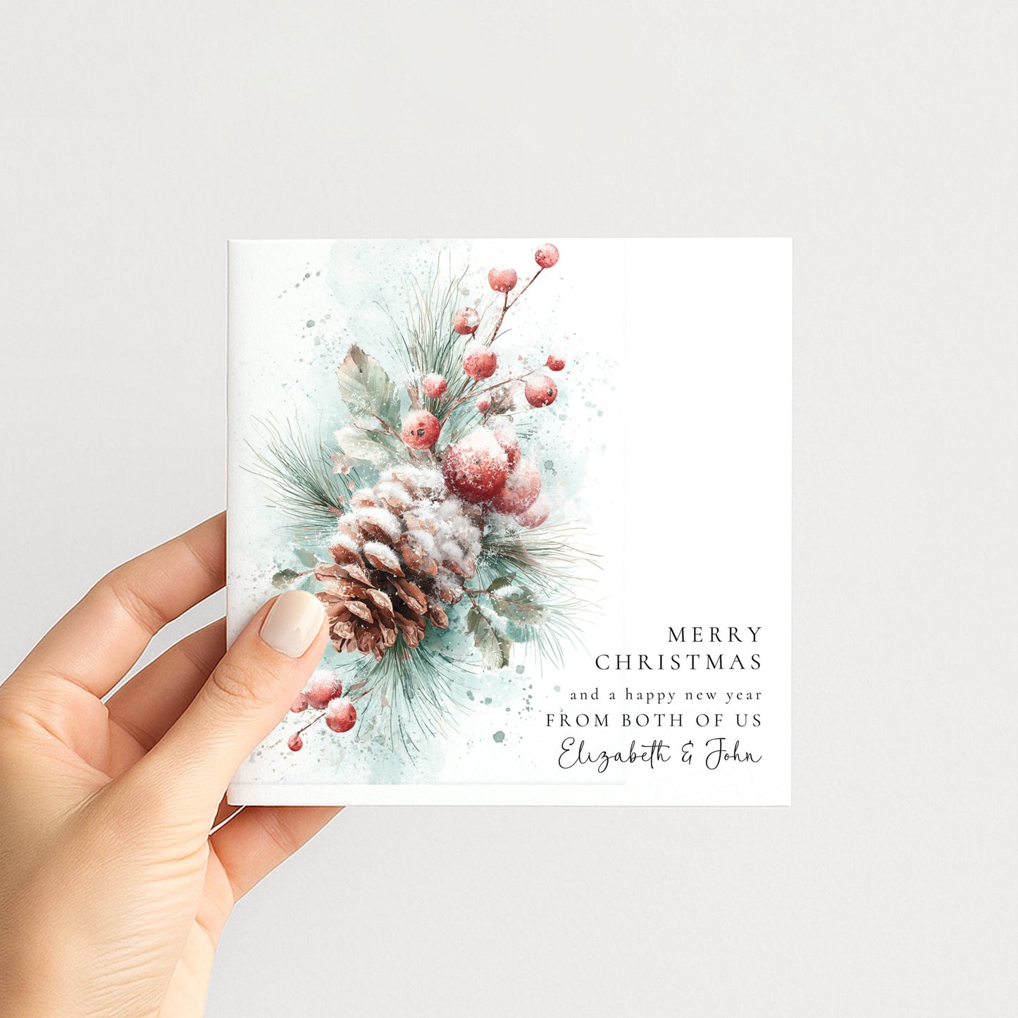 Personalised Christmas Card From Both of Us, Merry Christmas Happy New Year Botanical Card, Pinecone Xmas Card Couple, Joint Sending Card