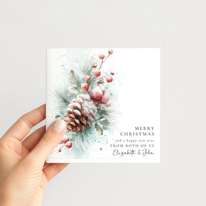 Personalised Christmas Card From Both of Us, Merry Christmas Happy New Year Botanical Card, Pinecone Xmas Card Couple, Joint Sending Card