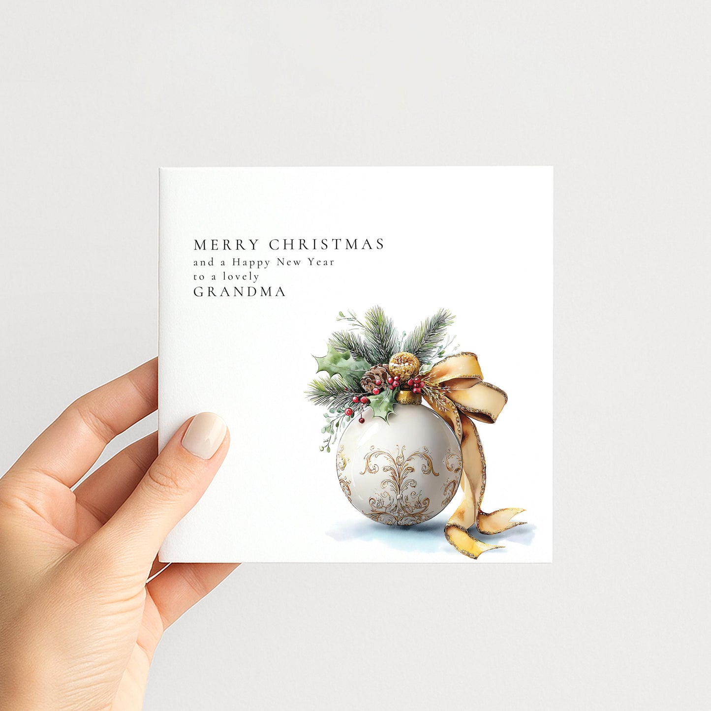 Christmas Card for Grandma, Merry Christmas Grandma Happy New Year Card, Gold Bauble Botanical Xmas Card, Special Grandma Christmas Card
