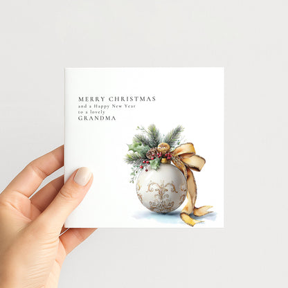 Christmas Card for Grandma, Merry Christmas Grandma Happy New Year Card, Gold Bauble Botanical Xmas Card, Special Grandma Christmas Card