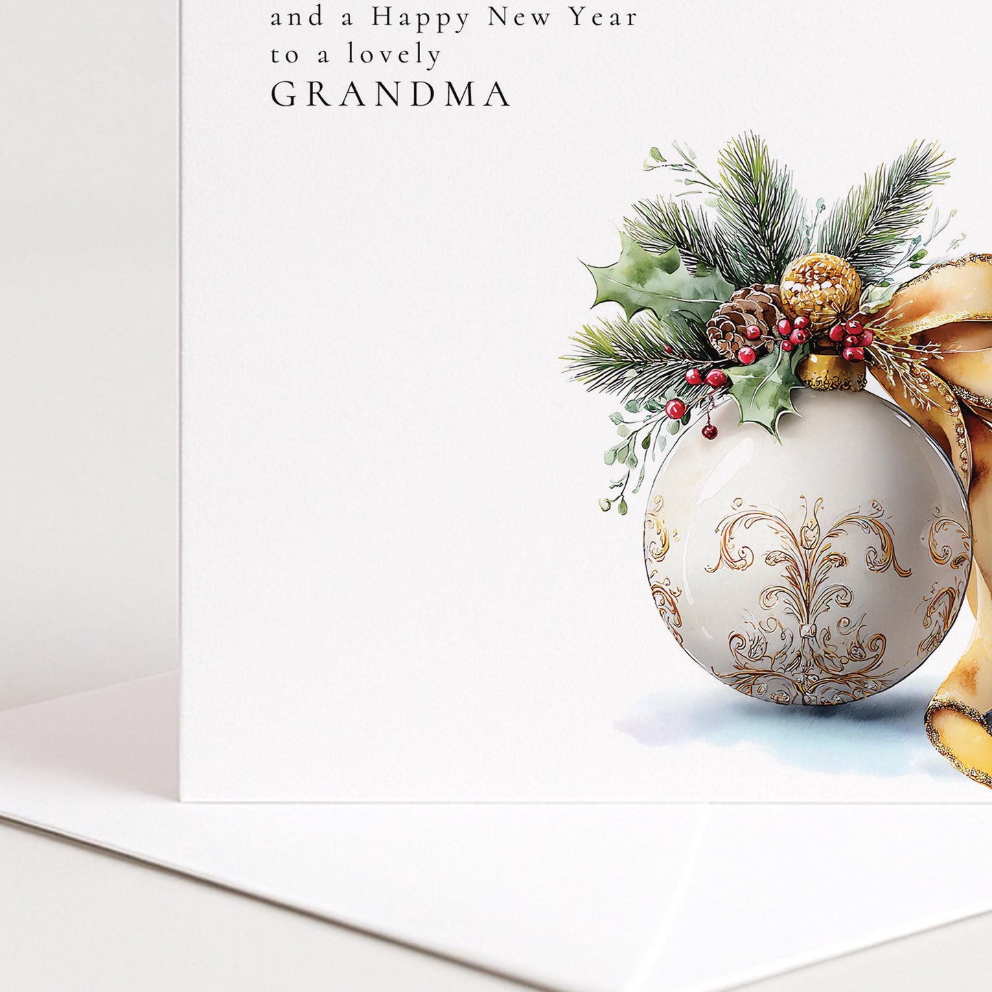 Christmas Card for Grandma, Merry Christmas Grandma Happy New Year Card, Gold Bauble Botanical Xmas Card, Special Grandma Christmas Card