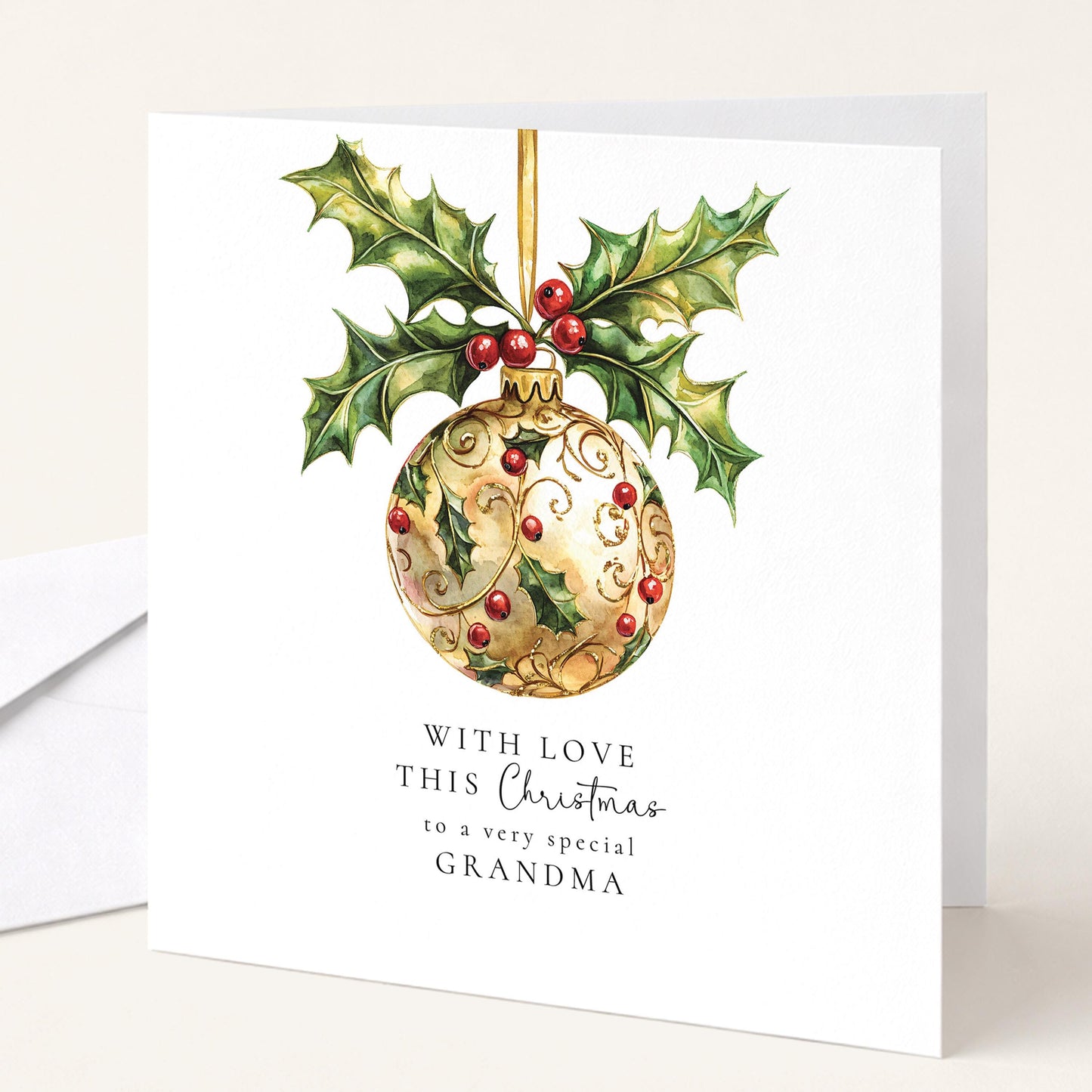 Christmas Card for Grandma, With Love This Christmas Grandma Card, Gold Holly Bauble Xmas Card, Elegant Christmas Card for Grandma
