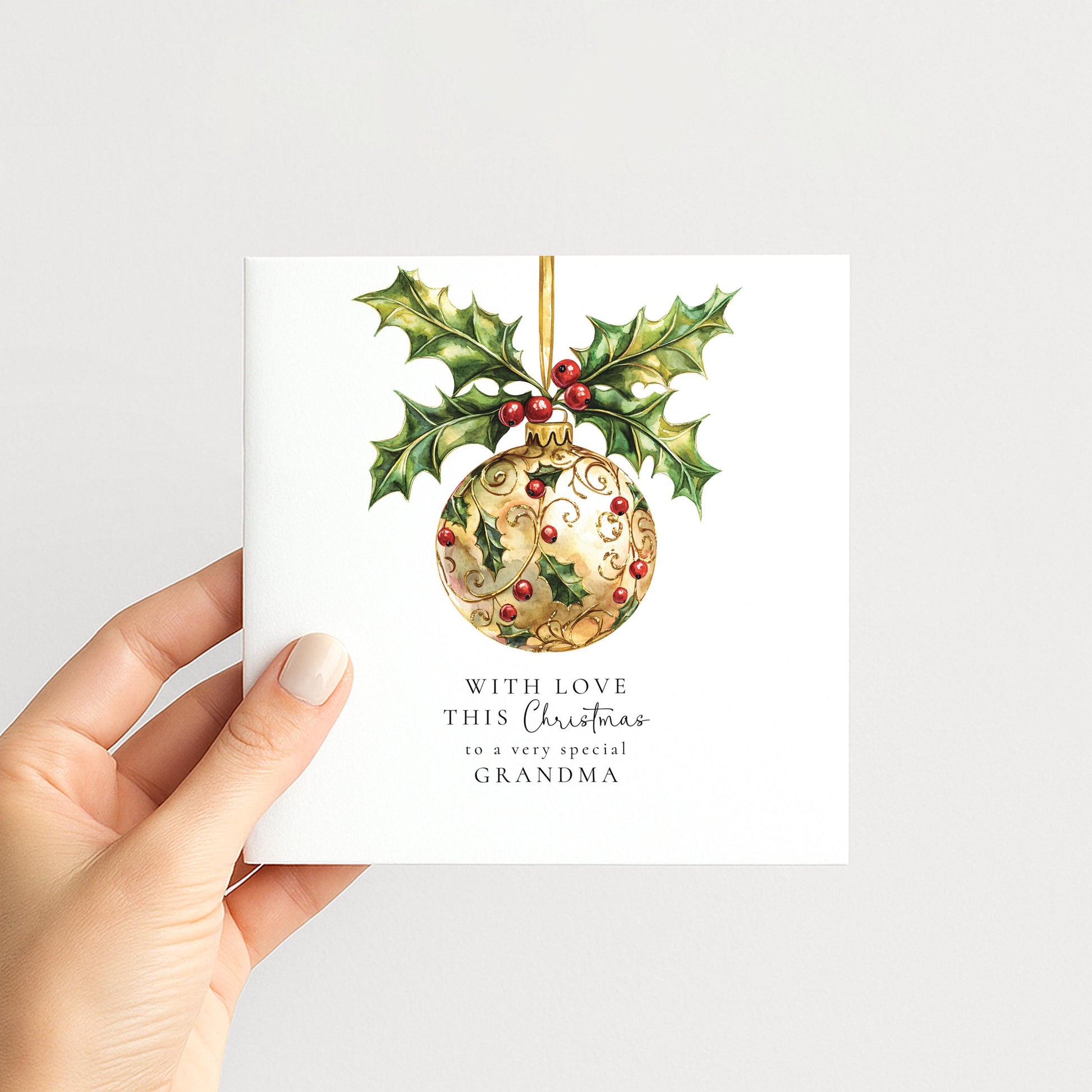 Christmas Card for Grandma, With Love This Christmas Grandma Card, Gold Holly Bauble Xmas Card, Elegant Christmas Card for Grandma