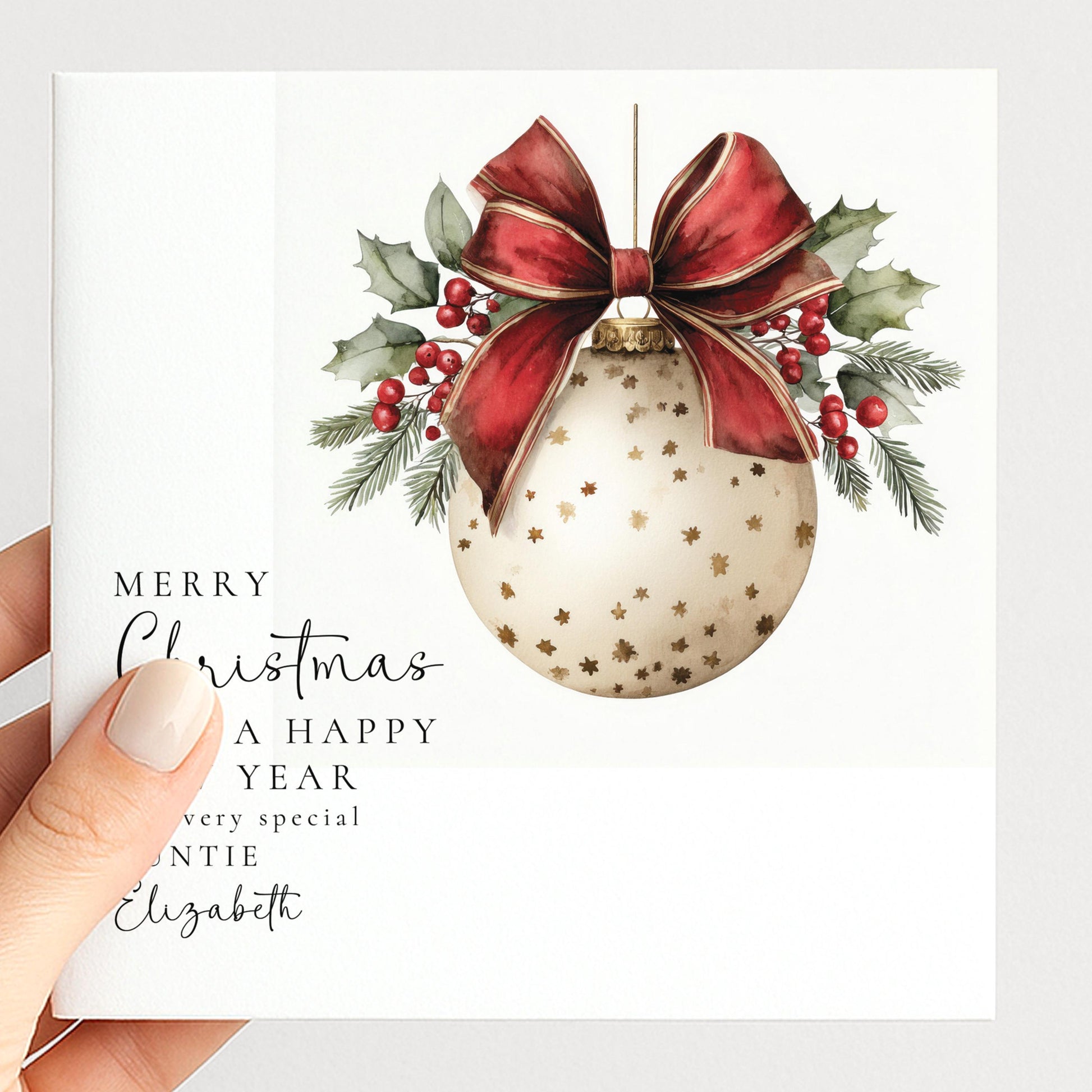 Personalised Christmas Card Auntie, Merry Christmas Auntie Happy New Year Card, Red Bow Bauble Xmas Card, Special Auntie Christmas Card