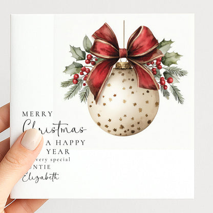Personalised Christmas Card Auntie, Merry Christmas Auntie Happy New Year Card, Red Bow Bauble Xmas Card, Special Auntie Christmas Card