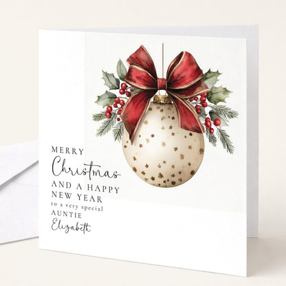 Personalised Christmas Card Auntie, Merry Christmas Auntie Happy New Year Card, Red Bow Bauble Xmas Card, Special Auntie Christmas Card