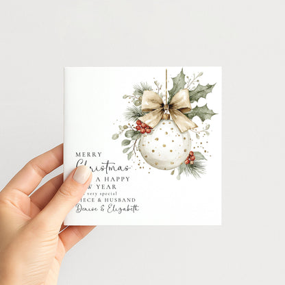 Personalised Christmas Card Niece and Husband, Merry Christmas Niece Husband Card, Gold Dot Bauble Xmas Card, Couple Christmas Card Niece